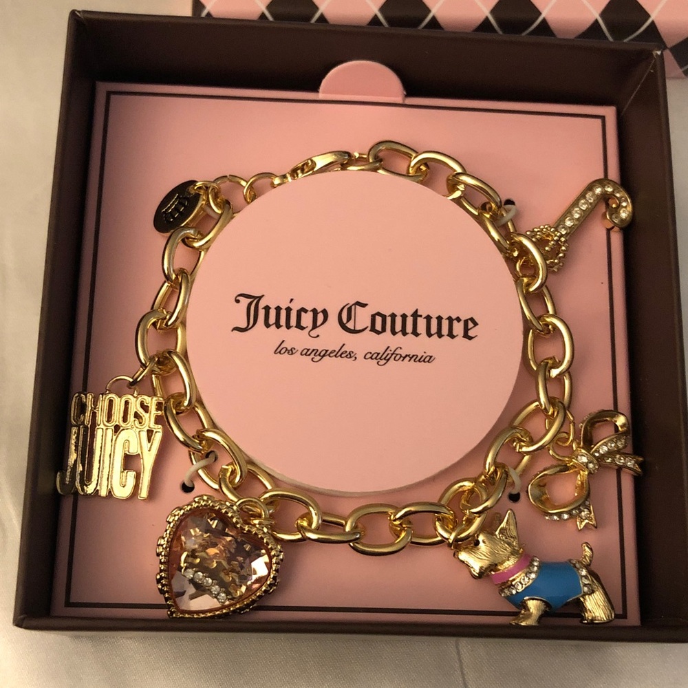 Juicy Couture Gold Tone Heritage Scottie  Charm Bracelet 5 Charms Crystal NIB